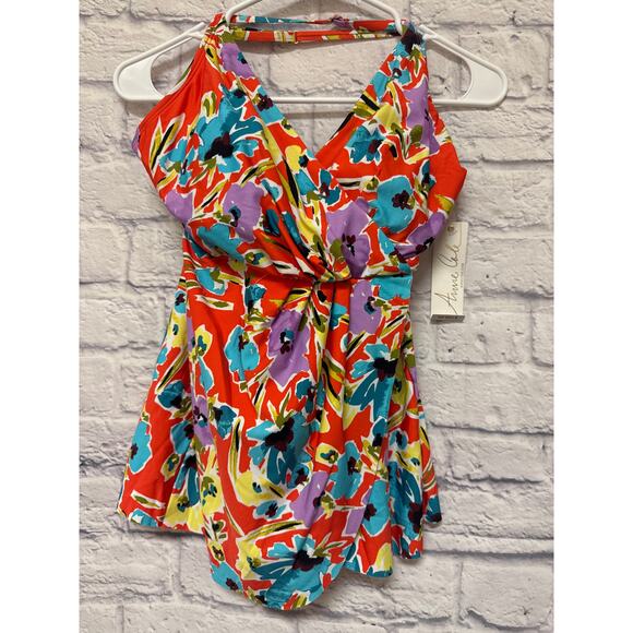 Anne Cole Colorful Floral 1 PC Swim Bathing Suit Halter Straps Skirt SZ 10 NWT - Picture 1 of 3